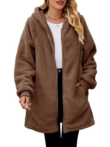 Onsoyours Wolljacke Damen Lang Teddyjacke mit Kapuze Teddyfleece Warm Winterjacke Reißverschluss Flauschig Fleecemantel A Braun M von Onsoyours