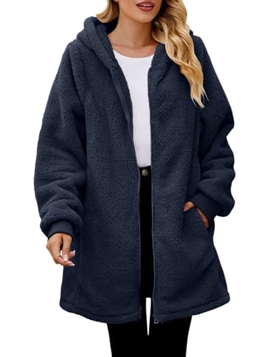 Onsoyours Wolljacke Damen Lang Teddyjacke mit Kapuze Teddyfleece Warm Winterjacke Reißverschluss Flauschig Fleecemantel A Dunkelblau M von Onsoyours