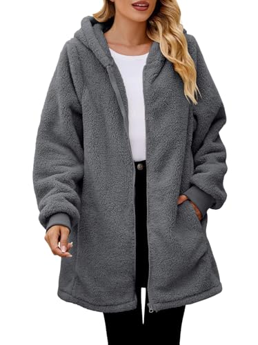 Onsoyours Wolljacke Damen Lang Teddyjacke mit Kapuze Teddyfleece Warm Winterjacke Reißverschluss Flauschig Fleecemantel A Grau S von Onsoyours