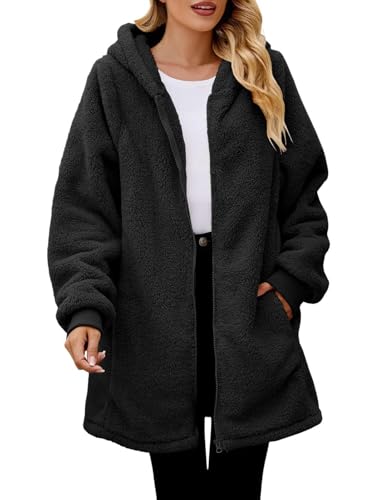 Onsoyours Wolljacke Damen Lang Teddyjacke mit Kapuze Teddyfleece Warm Winterjacke Reißverschluss Flauschig Fleecemantel A Schwarz M von Onsoyours