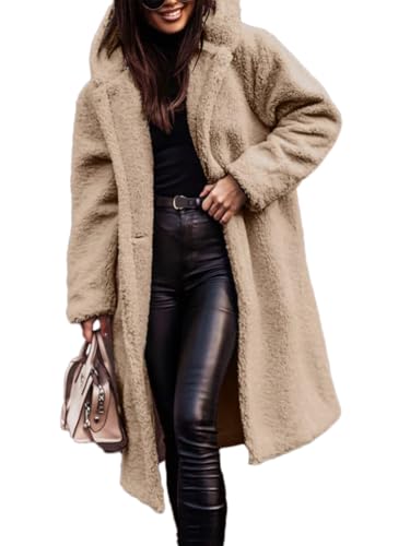Onsoyours Wolljacke Damen Teddyjacke mit Kapuze Lang Herbstmantel Winterjacke Warm Elegant Teddyfleece Fleecemantel A Aprikose M von Onsoyours