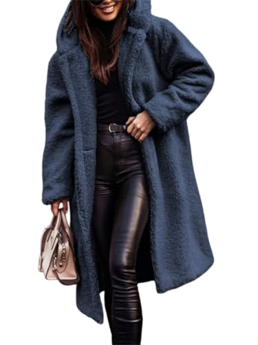 Onsoyours Wolljacke Damen Teddyjacke mit Kapuze Lang Herbstmantel Winterjacke Warm Elegant Teddyfleece Fleecemantel A Blau L von Onsoyours