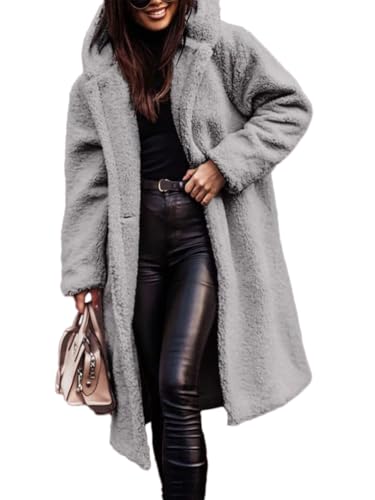 Onsoyours Wolljacke Damen Teddyjacke mit Kapuze Lang Herbstmantel Winterjacke Warm Elegant Teddyfleece Fleecemantel A Grau XS von Onsoyours