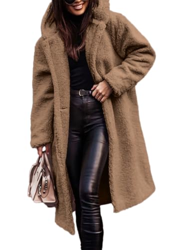 Onsoyours Wolljacke Damen Teddyjacke mit Kapuze Lang Herbstmantel Winterjacke Warm Elegant Teddyfleece Fleecemantel A Khaki XL von Onsoyours
