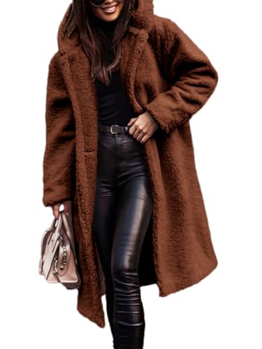 Onsoyours Wolljacke Damen Teddyjacke mit Kapuze Lang Herbstmantel Winterjacke Warm Elegant Teddyfleece Fleecemantel A Rotbraun L von Onsoyours
