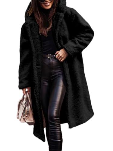 Onsoyours Wolljacke Damen Teddyjacke mit Kapuze Lang Herbstmantel Winterjacke Warm Elegant Teddyfleece Fleecemantel A Schwarz L von Onsoyours