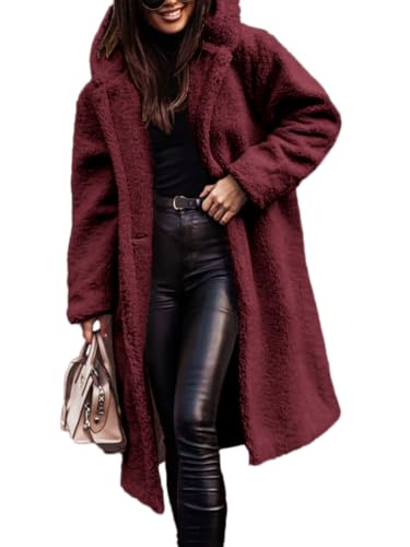 Onsoyours Wolljacke Damen Teddyjacke mit Kapuze Lang Herbstmantel Winterjacke Warm Elegant Teddyfleece Fleecemantel A Weinrot L von Onsoyours