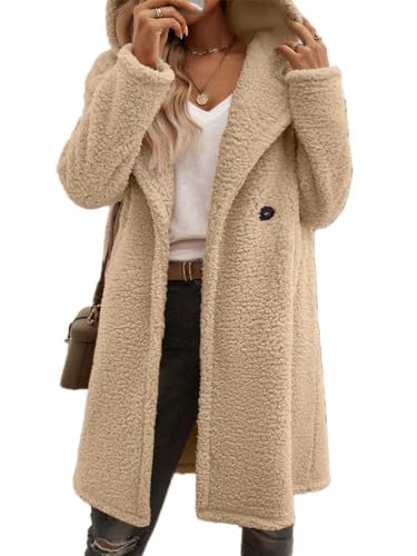 Onsoyours Wolljacke Damen Teddyjacke mit Kapuze Teddyfleece Lang Herbstmantel Winter Warm Elegant Flauschig Fleecemantel A Khaki XL von Onsoyours