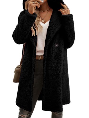 Onsoyours Wolljacke Damen Teddyjacke mit Kapuze Teddyfleece Lang Herbstmantel Winter Warm Elegant Flauschig Fleecemantel A Schwarz L von Onsoyours