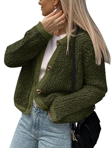 Onsoyours Wolljacke Kurz Damen Knöpfen Strickjacken Winterjacke Langarm Winter Warm Wollmantel Damen-Jacken Einfarbig Casual Übergangsjacke Outerwear A Armeegrün S von Onsoyours