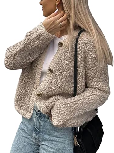 Onsoyours Wolljacke Kurz Damen Knöpfen Strickjacken Winterjacke Langarm Winter Warm Wollmantel Damen-Jacken Einfarbig Casual Übergangsjacke Outerwear A Khaki M von Onsoyours