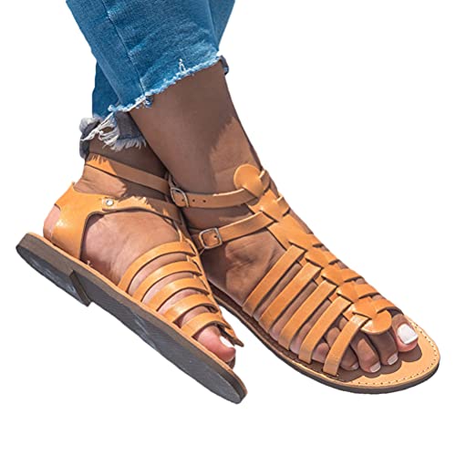 Onsoyours Women's Sandals Boho Leather Roman Shoes Gladiator Sandals Flat Heel Round Toe Casual Vintage Classic Gelb 36 EU von Onsoyours