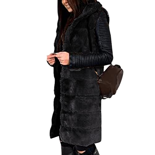 Onsoyours Damen Weste Wintermantel Kunstpelz Ärmellose Jacke Winterjacke mit Kapuze Lange Mantel Outwear Warm Pelzweste Pelzjacke Pelzmantel C Schwarz L von Onsoyours