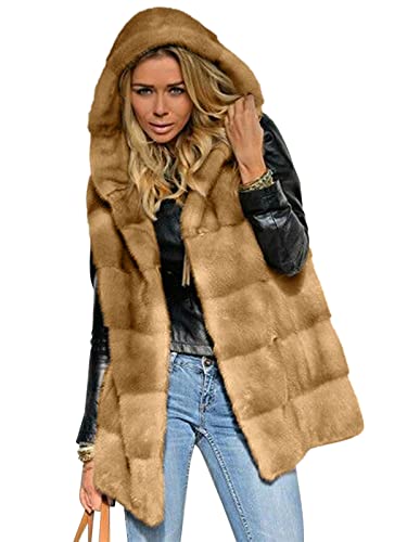 Onsoyours Damen Weste Wintermantel Kunstpelz Ärmellose Jacke Winterjacke mit Kapuze Lange Mantel Outwear Warm Pelzweste Pelzjacke Pelzmantel D Braun L von Onsoyours