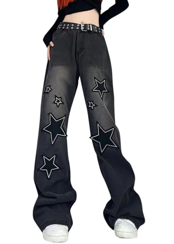 Onsoyours Y2K Baggy Jeans Damen High Waist Stretch Wide Straight Leg Gewaschene Jeanshosen 90er E-Girl Hiphop Boyfriend Koreanische Denim Hosen Freizeithosen A3 Schwarz L von Onsoyours