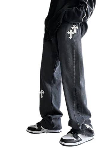 Onsoyours Y2K Jeans Herren Baggy Fit Jeans Straight Jeanshose Lockere Streetwear Loose Denim Pants Hose mit Weitem Bein Lässig Männer Straight Leg High Waist Cargo Pants D Schwarz 3XL von Onsoyours