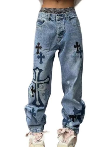 Onsoyours Y2K Jeans Herren Baggy Fit Jeans Straight Jeanshose Lockere Streetwear Loose Denim Pants Hose mit Weitem Bein Lässig Männer Straight Leg High Waist Cargo Pants E2 Blau XS von Onsoyours