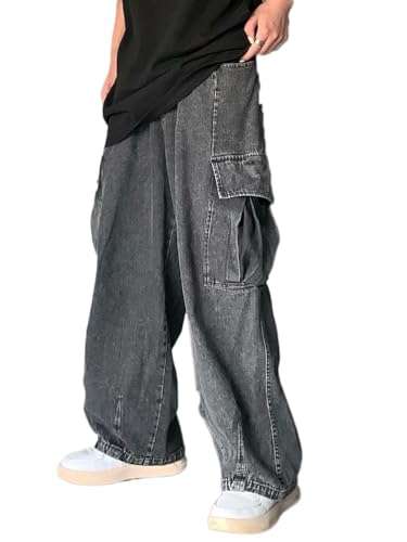 Onsoyours Y2K Jeans Herren Baggy Fit Jeans Straight Jeanshose Lockere Streetwear Loose Denim Pants Hose mit Weitem Bein Lässig Männer Straight Leg High Waist Cargo Pants F Grau S von Onsoyours