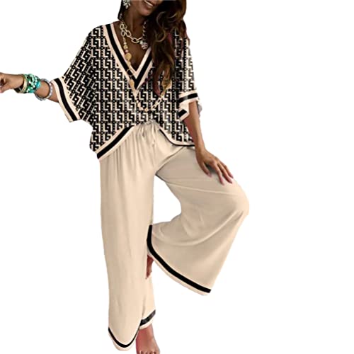 Onsoyours Zweiteiler Damen 2 Stück Casual Outfits Revers Langarm Button Down Shirt Hohe Taille Lange Hosen Loungewear Streetwear 2 Teiliges Anzüge Sommer D3 Aprikose L von Onsoyours