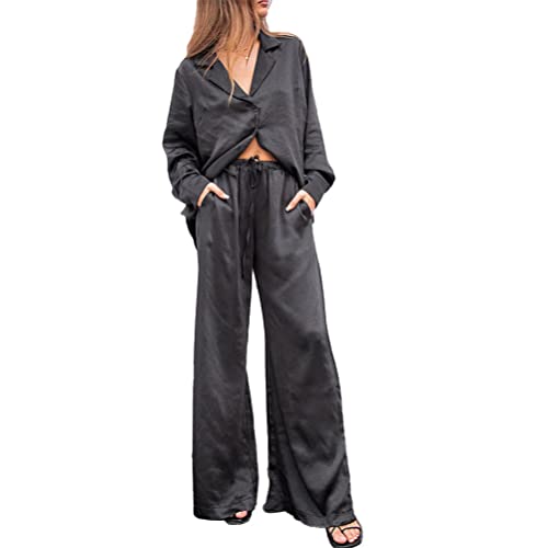 Onsoyours Zweiteiler Damen 2 Stück Casual Outfits Revers Langarm Button Down Shirt Hohe Taille Lange Hosen Loungewear Streetwear 2 Teiliges Anzüge Sommer F Schwarz XL von Onsoyours