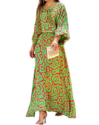 Onsoyours Zweiteiler Damen 2 Teiler Langarm Rundhalsausschnitt Top und Lang Rock Lose Druck Outfits 2Pcs Set Freizeitkleid Sommerkleid Boho Sommer Kleid Set A Grün01 M von Onsoyours