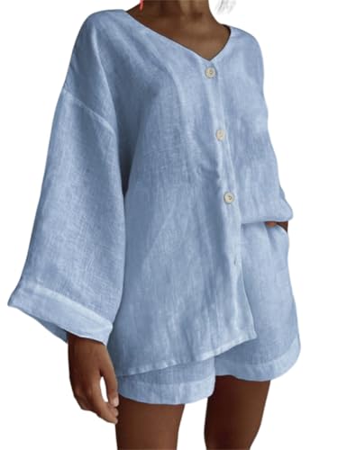 Onsoyours Zweiteiler Damen Sommer Baumwolle Leinen Set Elegant Y2K Bluse Und Shorts Aesthetic Lounge Set Sportanzug Oversize Freizeitanzug Langarm Hausanzug A Blau M von Onsoyours