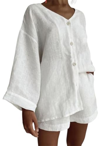 Onsoyours Zweiteiler Damen Sommer Baumwolle Leinen Set Elegant Y2K Bluse Und Shorts Aesthetic Lounge Set Sportanzug Oversize Freizeitanzug Langarm Hausanzug A Weiß XXL von Onsoyours