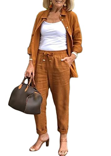 Onsoyours Zweiteiler Damen Sommer Leinen Set Elegant Hosenanzug Leinenanzug Button Down Langarmshirt Loungewear Set + High Waist Freizeithose Weite Hose Outfit Casual Streatwear C Braun M von Onsoyours