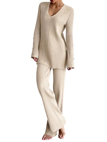 Onsoyours Zweiteiler Damen Strickanzug Langarm Gerippt Bequeme V-Ausschnitt Strickpullover + Lange Schlaghose Retro Zweiteilige Beiläufig Outfit Freizeitanzug Sportanzug A Aprikose M von Onsoyours