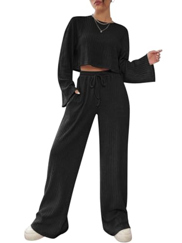 Onsoyours Zweiteiler Damen Strickanzug Langarm Gerippt Strickpullover Crop Top + Lange Strick Schlaghose Sportanzug Lounge Set Freizeit Outfit A Schwarz L von Onsoyours