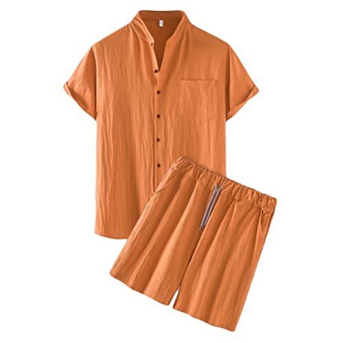 Onsoyours Zweiteiler Herren Leinenanzug Sommer Freizeitanzug Einfarbig 2-teilig Kurzarm Button-Up Revers Hemd + Shorts Beach Shirt Kurze Hose Set Leinen Anzug C Orange M von Onsoyours