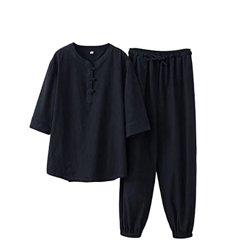 Onsoyours Zweiteiler Herren Leinenanzug Sommer Freizeitanzug Einfarbig 2-teilig Kurzarm Button-Up Stehkragen Hemd und Leinenhose Beach Strand Shirt Hose Set Anzug B Schwarz M von Onsoyours