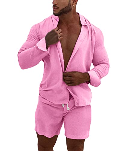 Onsoyours Zweiteiler Herren Leinenanzug Sommer Freizeitanzug Einfarbig 2-teilig Langarm Button-Up Stehkragen Hemd und Shorts Beach Strand Shirt Kurze Hose Set Anzug A Rosa XL von Onsoyours