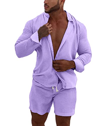 Onsoyours Zweiteiler Herren Leinenanzug Sommer Freizeitanzug Einfarbig 2-teilig Langarm Button-Up Stehkragen Hemd und Shorts Beach Strand Shirt Kurze Hose Set Anzug A Violett XL von Onsoyours