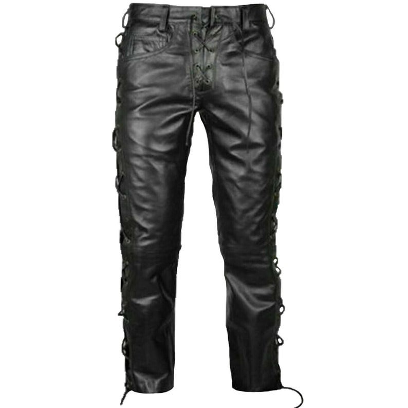 Herren Schwarze Echt Lammfell Leder Biker Motorrad Hose, Seitliche Schnürsenkel Mode Party Nachtclub Freund Geschenk von OntarioLeatherWorks