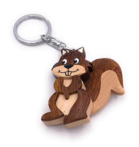 Onwomania - "-Biber Eichhörnchen buschiger Schlüsselanhänger - Holz Glücksbringer ideal als Geschenk z.B. für den besten Freund, die beste Freundin, Mama - Für Männer, Frauen & Kinder von Onwomania
