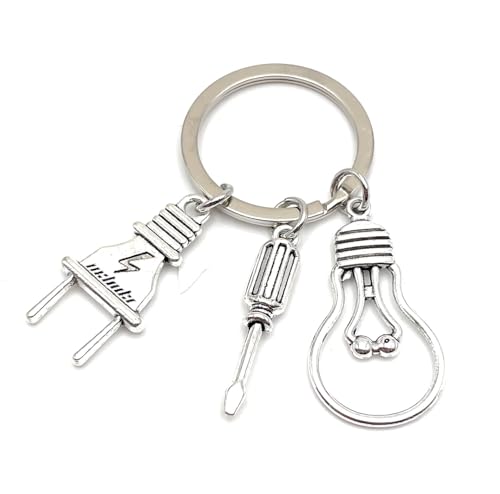 Onwomania Elektriker Glühbirne Blitz Stecker Schlüsselanhänger aus Metall silber Schlüsselringe Auto Organizer Geschenke für Geburtstag Männer Frauen und Kinder von Onwomania