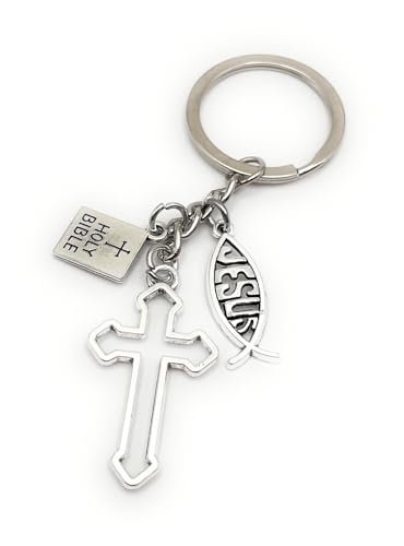 Onwomania Jesus Fisch Bibel Kirche Kreuz Schlüsselanhänger aus Metall silber Schlüsselringe Auto Organizer Geschenke für Geburtstag Männer Frauen und Kinder von Onwomania