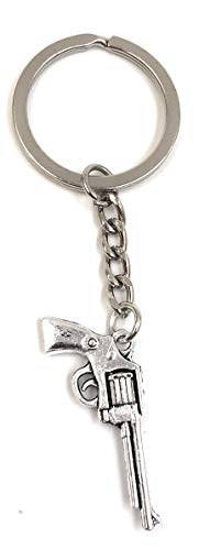 Onwomania Revolver langer Lauf Pistole Schlüsselanhänger Metall Glücksbringer in Alu Geschenkbox, ideal zum Verschenken von Onwomania