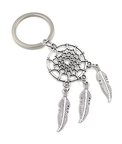 Onwomania Traumfänger mit 3 Federn Schlüsselanhänger Metall Glücksbringer in Alu Geschenkbox, ideal zum Verschenken von Onwomania