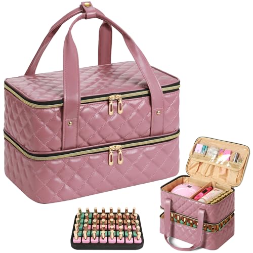 Onyiboer Nagellack-Organizer, Aufbewahrungstasche, Pink, Doppellagige Nagellack-Tasche mit verstellbaren Trennwänden, für 42 Flaschen von Onyiboer