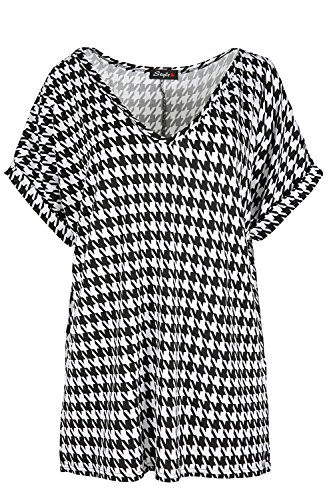 Oops Outlet Damen T-Shirt Damen Übergroßer Baggy-Stil Locker Passendes Top V Ausschnitt Shorts Flügelärmel Plus Größe EU 8-26 - Hundezahn Weiß Schwarz, 48-50 von Oops Outlet