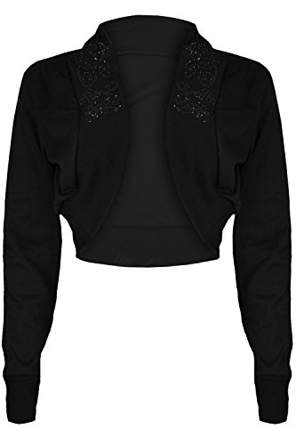 Oops Outlet Damen T-Shirt mit Strasssteinen und Perlen besetzt, Cotton Stretch Bolero Strickjacke Bolero Top, kurzärmlig, bauchfrei von Oops Outlet