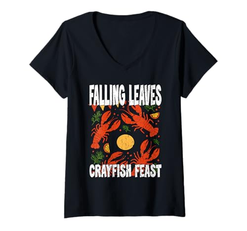 Damen Falling Leaves Crayfish Feast Herbst Delikatessen Party T-Shirt mit V-Ausschnitt von Oort 33 Production
