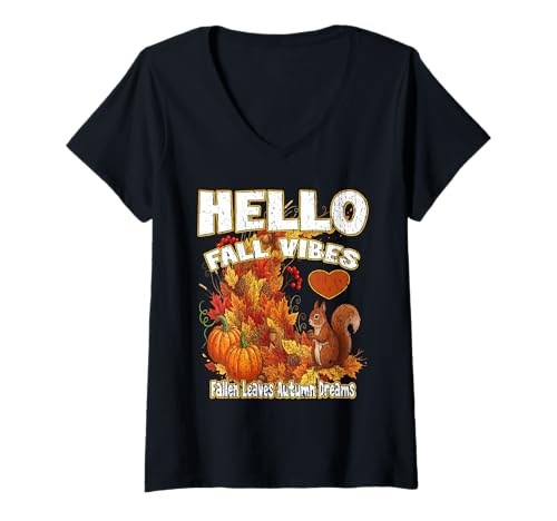 Damen Hello Fall Vibes Herbstblätter Herbstträume Kürbisse T-Shirt mit V-Ausschnitt von Oort 33 Production