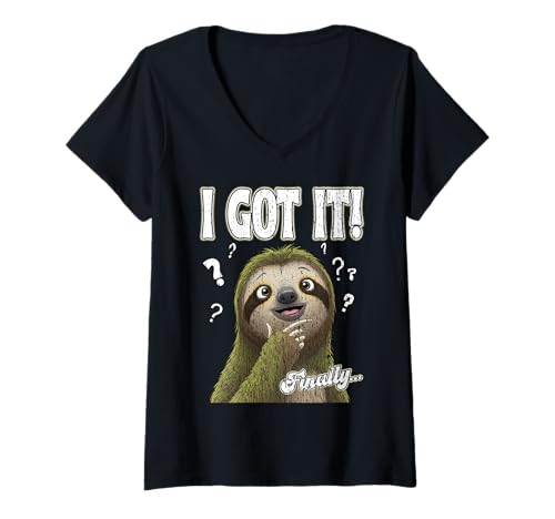 Damen I GOT IT! ENDLICH Slow Thinker Cute Faultier Fragen Antworten T-Shirt mit V-Ausschnitt von Oort 33 Production