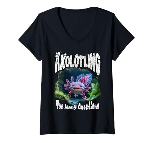 Damen I'm AXOLOTLING Too Many Questions wissenshungriger Bücherwurm T-Shirt mit V-Ausschnitt von Oort 33 Production