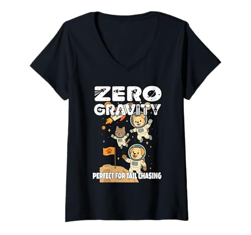 Damen Keine Schwerkraft, perfekt für Schwanzjagd von Haustieren im Weltraum T-Shirt mit V-Ausschnitt Damen Keine Schwerkraft, perfekt für Schwanzjagd von Haustieren im Weltraum T-Shirt mit V-Ausschnitt von Oort 33 Production
