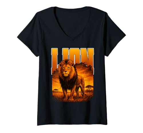 Damen Lion Big cat King of savanne Huge Predator Cats Hunting T-Shirt mit V-Ausschnitt von Oort 33 Production