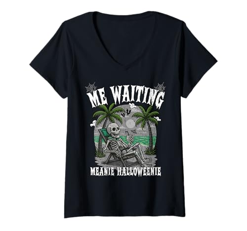 Damen Me Waiting Meanie Halloween warte auf Halloween am Strand T-Shirt mit V-Ausschnitt von Oort 33 Production
